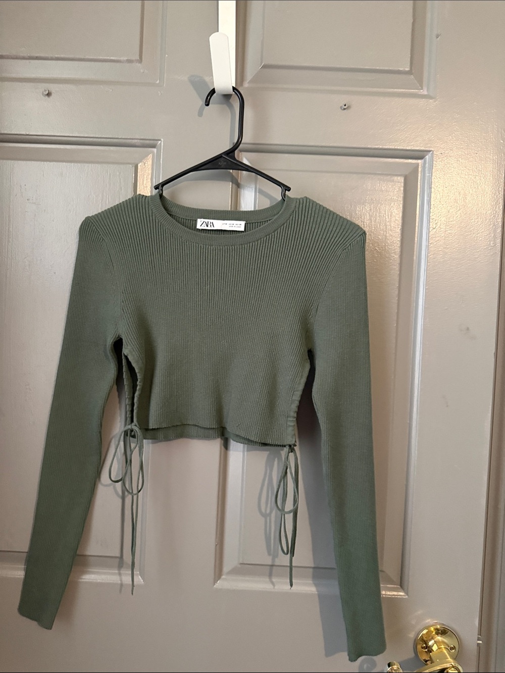 ZARA Olive Ribbed Long-Sleeve Crop Top with Side Ties